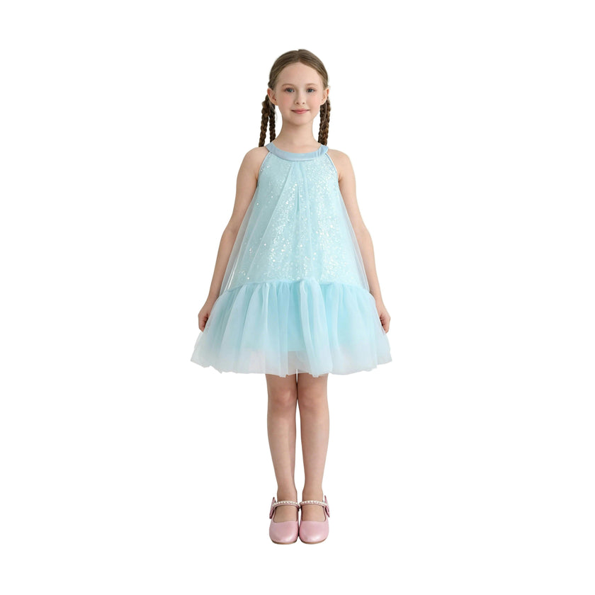 Blue Amelisse Sequin Back Bow Dress