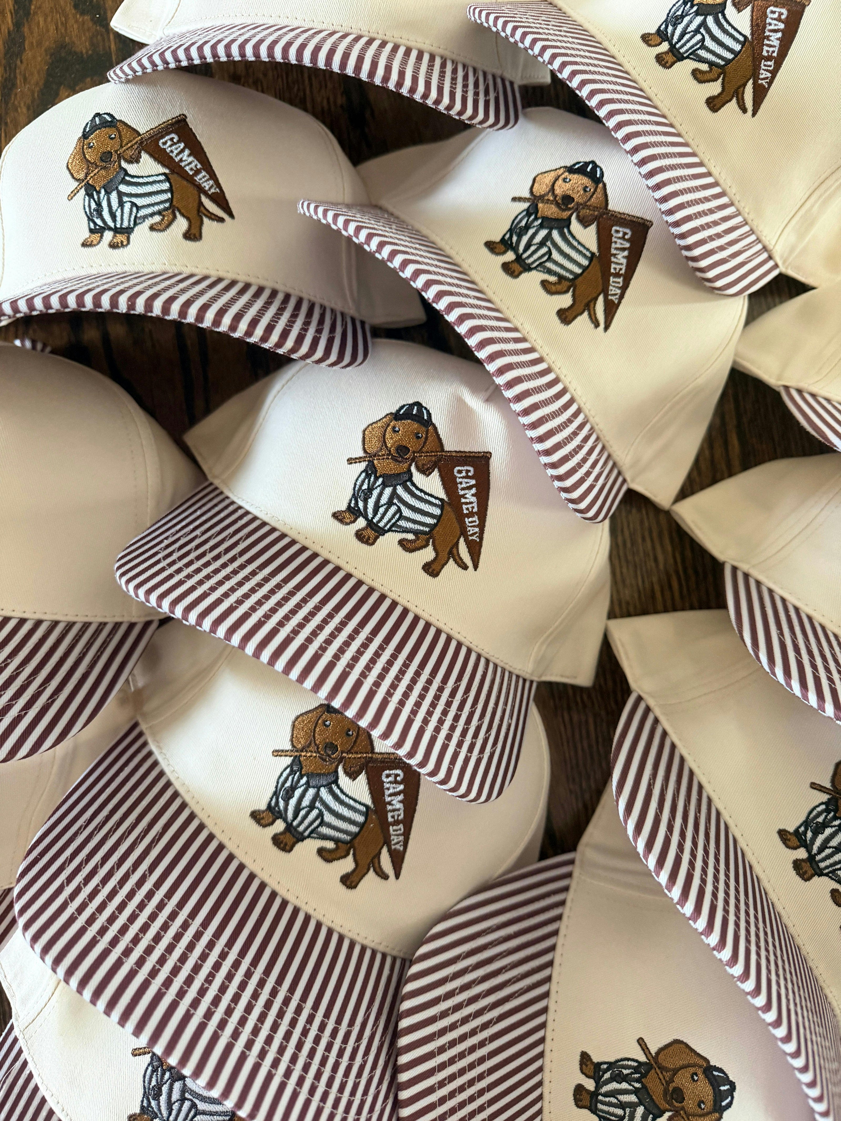 Game Day Dachshund Embroidered Hat, Brown Stripes