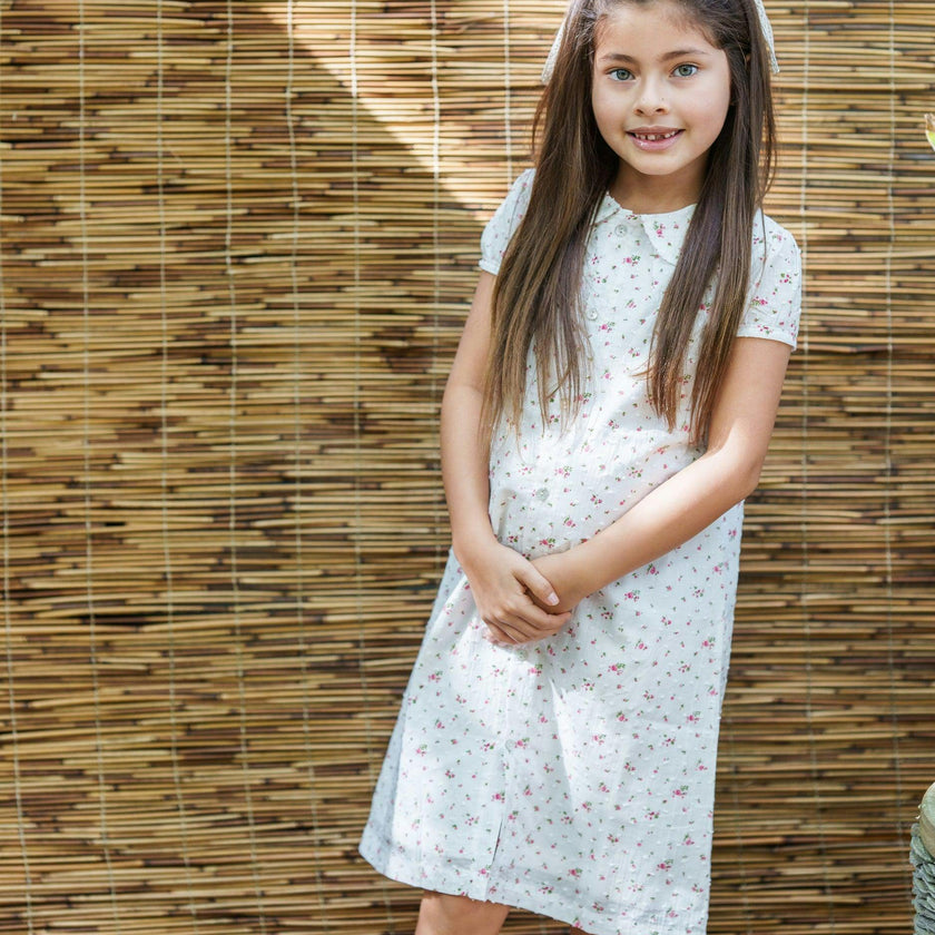 Clipdot Floral Peter Pan Collar Short Puff Sleeve Dress