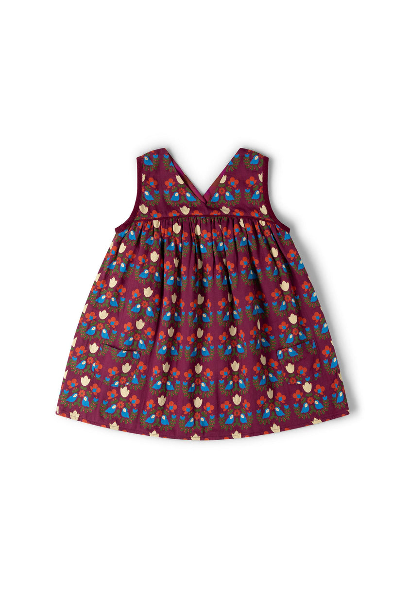 Folk Birds Reversible Swing Dress, Purple