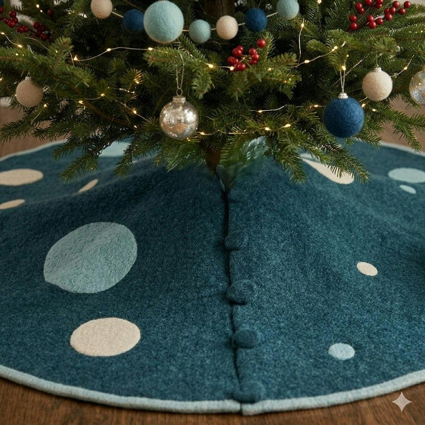 Hand Felted Wool Blue Polka Dots Christmas Tree Skirt 60"