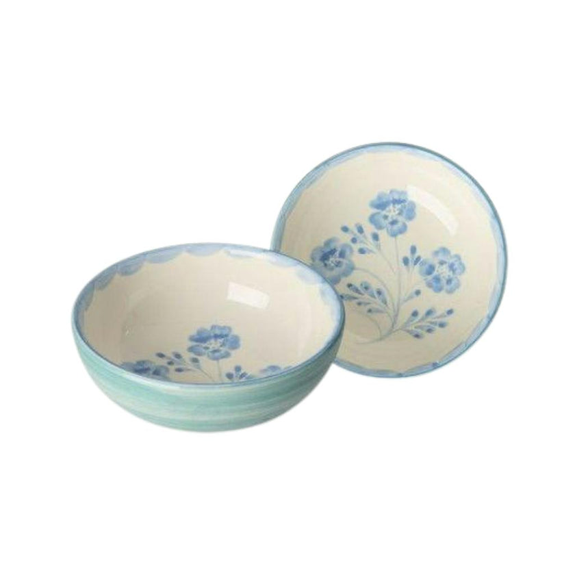 Ceramic Bowl with Hand-painted Blue Flowers - Green - 10.14 oz