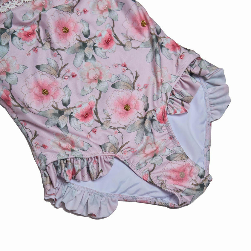 Girls Ruffle Neck One Piece Swimsuit (Petal Print)