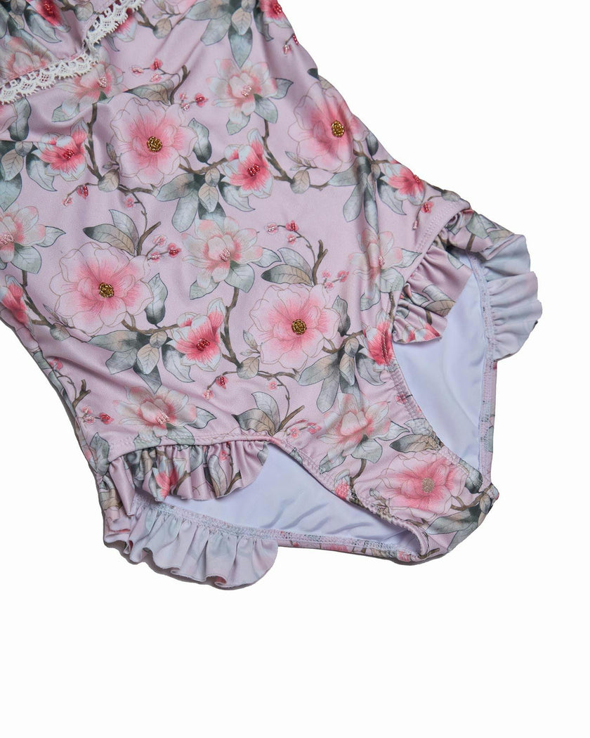 Girls Ruffle Neck One Piece Swimsuit (Petal Print)