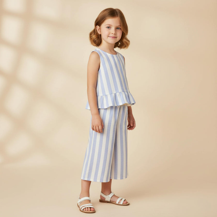 Organic Ruffle Top & Pants Set - Blue Stripes