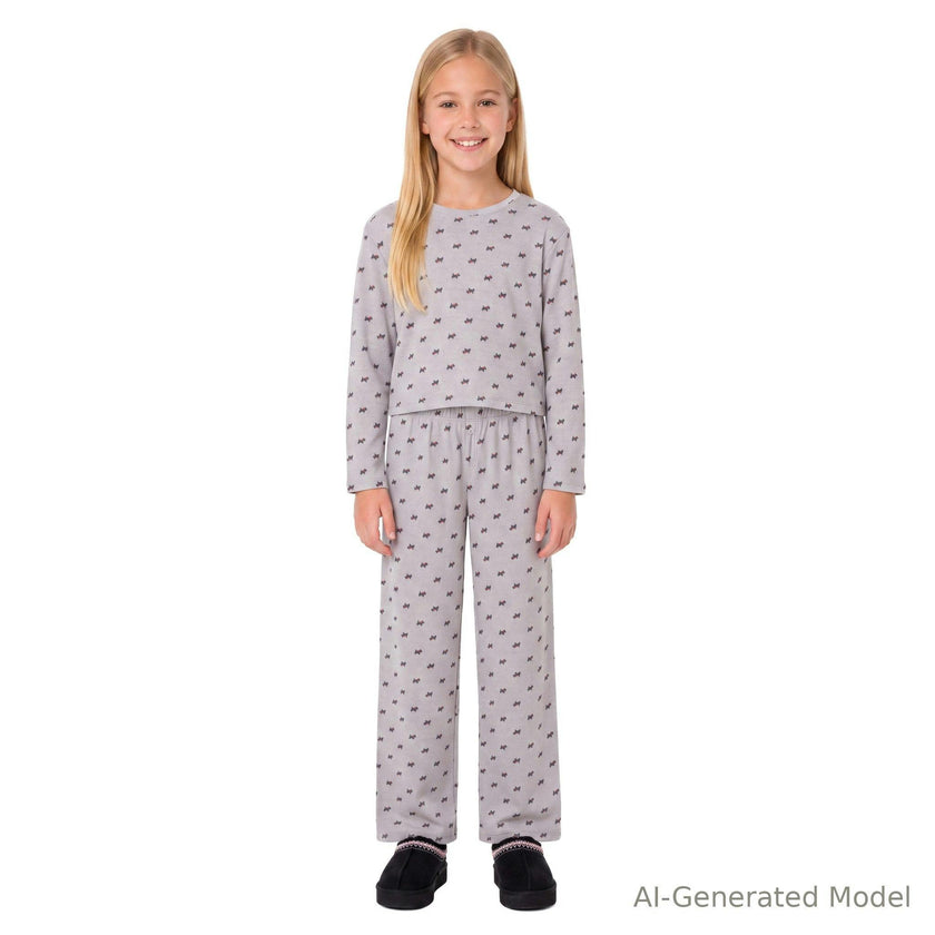Tween (7-16) Girls Pointelle Pajama Set | Tiny Bows - Grey