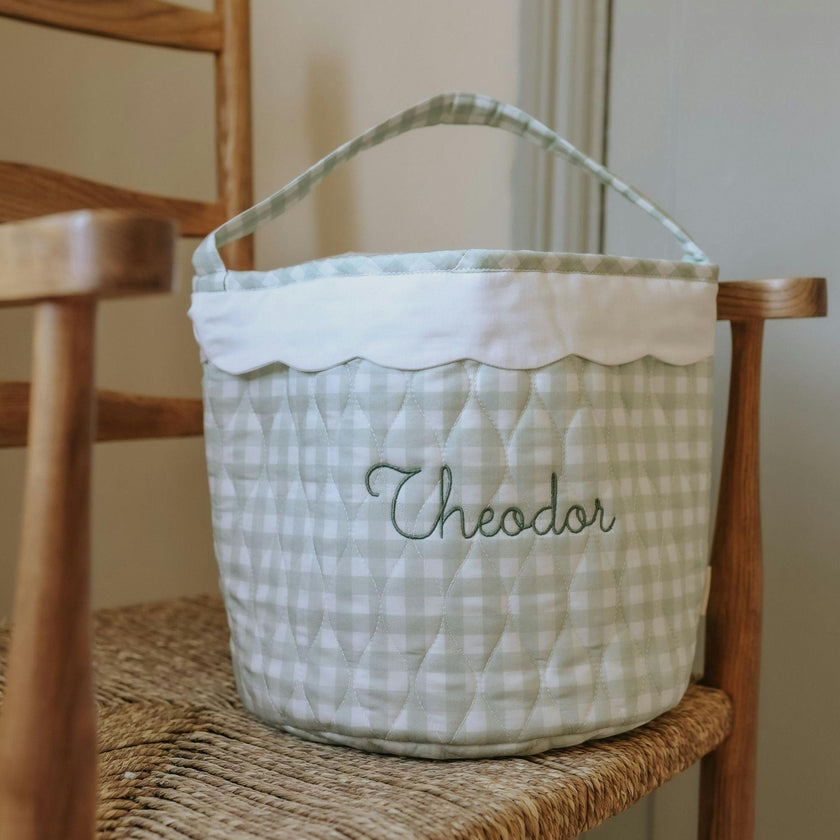 Quilted Storage Basket - Green Gingham