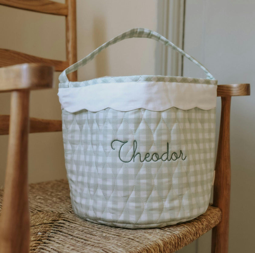 Quilted Storage Basket - Green Gingham