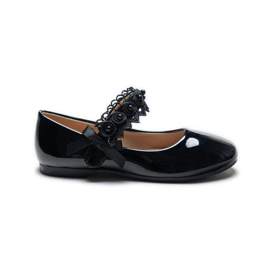 Black Patent Rose Pearl Doily Flats