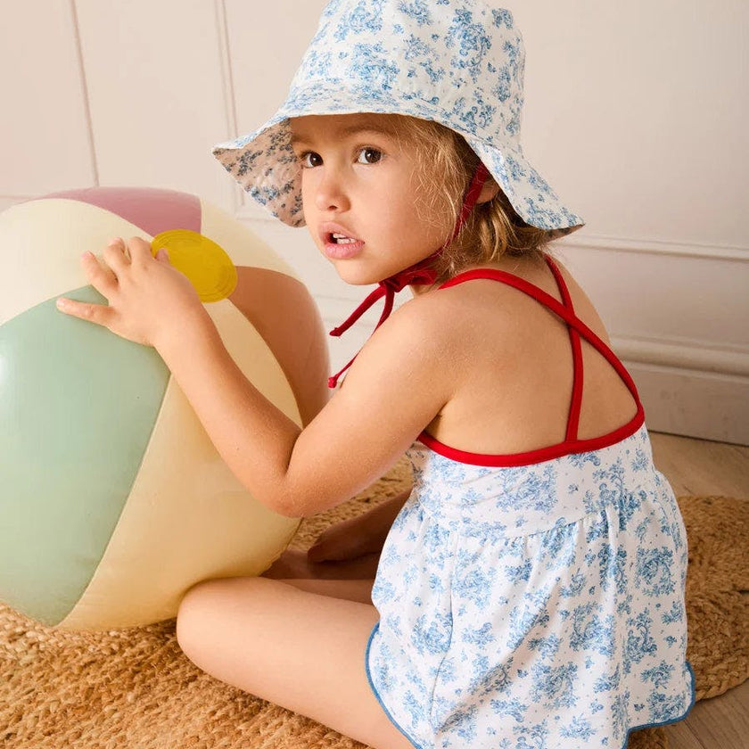 Audrey Toile Bow Detail Smocked Two Piece Swimsuit in Blue (12mths- 10yrs)