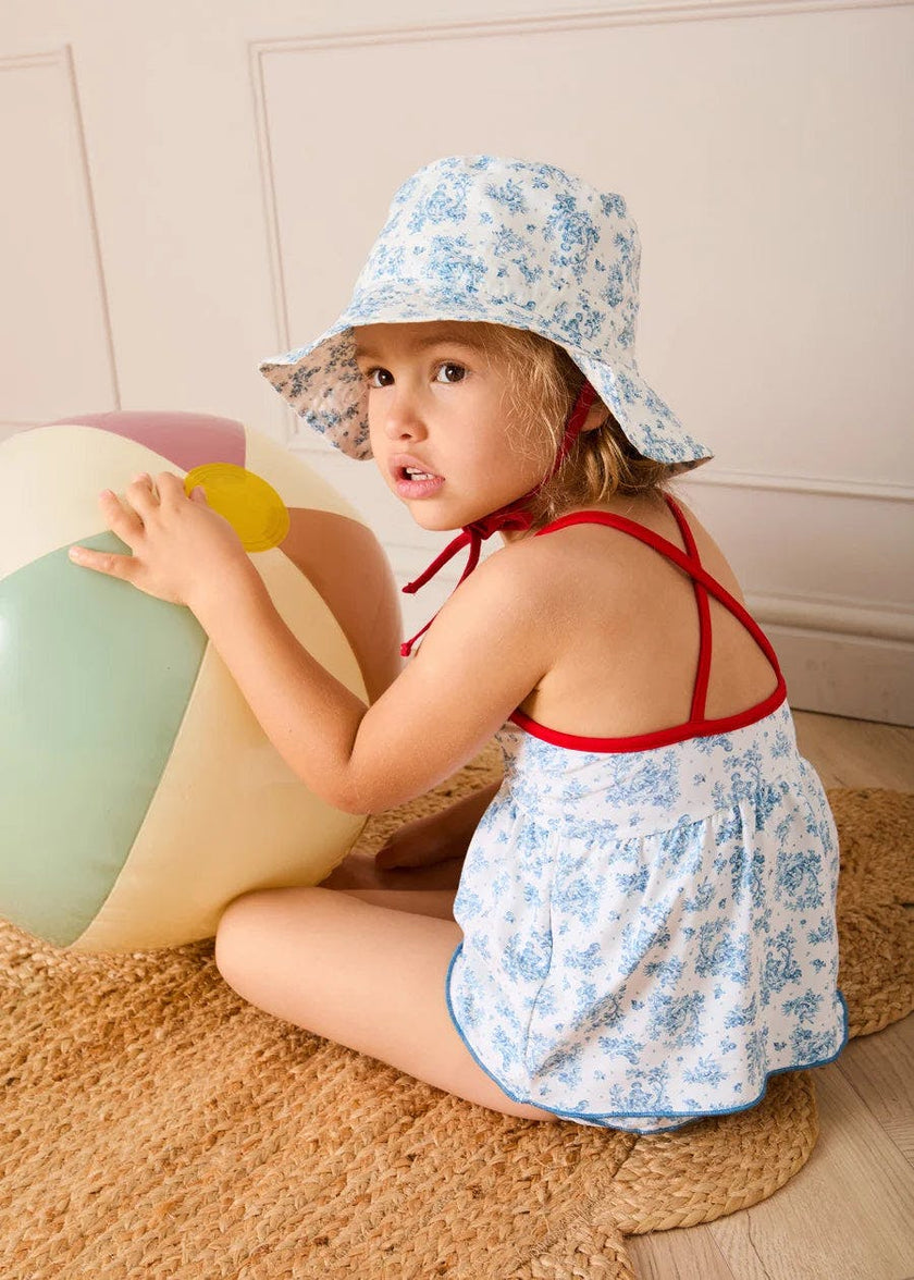 Audrey Toile Bow Detail Smocked Two Piece Swimsuit in Blue (12mths- 10yrs)