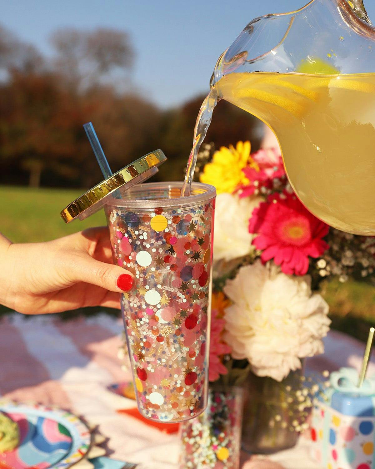 Packed Party Celebrate Every Day Confetti Reusable Tumbler - 24 oz Double Wall Plastic Tumbler with Floating Confetti, Gold Lid, and Reusable Straw, BPA-Free