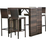 5 Piece Outdoor Bar Height Dining Set With Slat Acacia Wood Tabletop And Woven Weather Resistant Rattan With 4 Bar Stool Chairs And Cushions