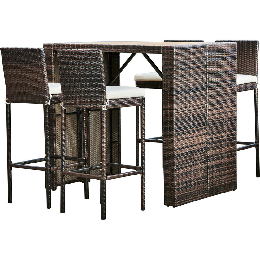 5 Piece Outdoor Bar Height Dining Set With Slat Acacia Wood Tabletop And Woven Weather Resistant Rattan With 4 Bar Stool Chairs And Cushions