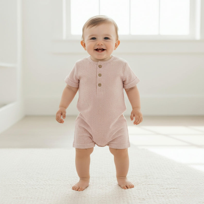 Organic Short Bubble Romper - Coral Stripes
