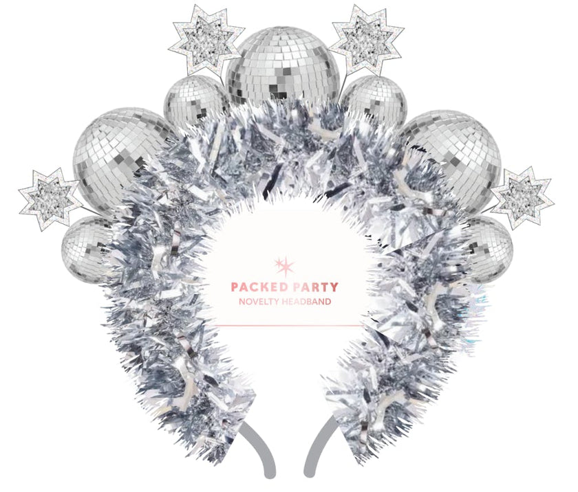 Packed Party Disco Ball Novelty Headband - Silver Tinsel Satin Headband with Multi-Size Disco Balls and Silver Glitter Stars, One Size Fits All