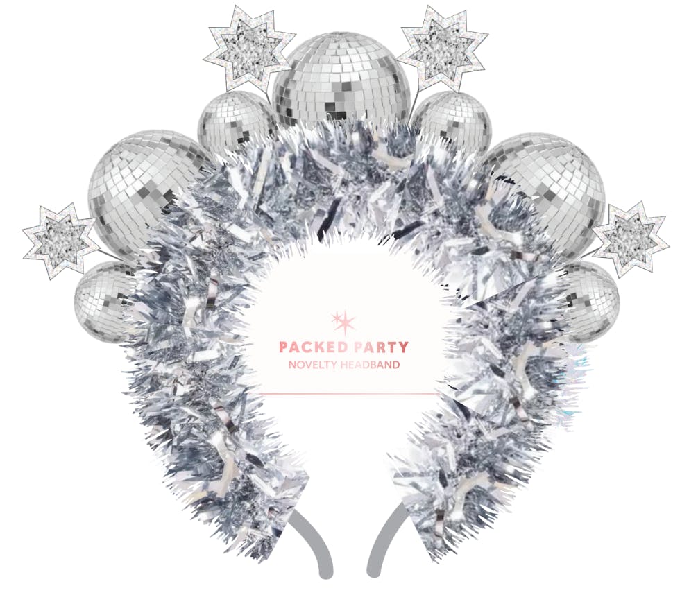 Packed Party Disco Ball Novelty Headband - Silver Tinsel Satin Headband with Multi-Size Disco Balls and Silver Glitter Stars, One Size Fits All