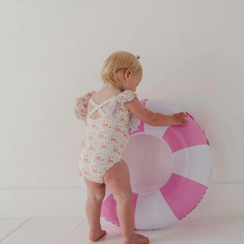 Baby Girl Ruffle Sleeve Cross Back Swimsuit in Sketched Daisy