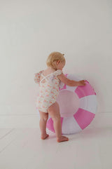 Baby Girl Ruffle Sleeve Cross Back Swimsuit in Sketched Daisy