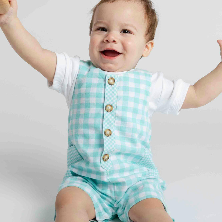Gingham Linen-Look Shortall