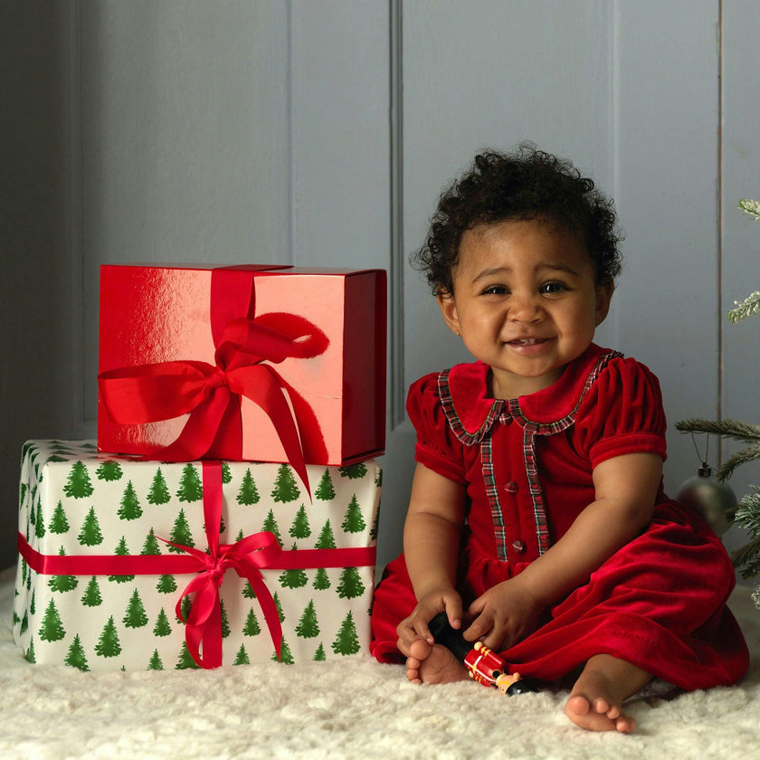 Baby Red Velvet Tartan Trim Dress
