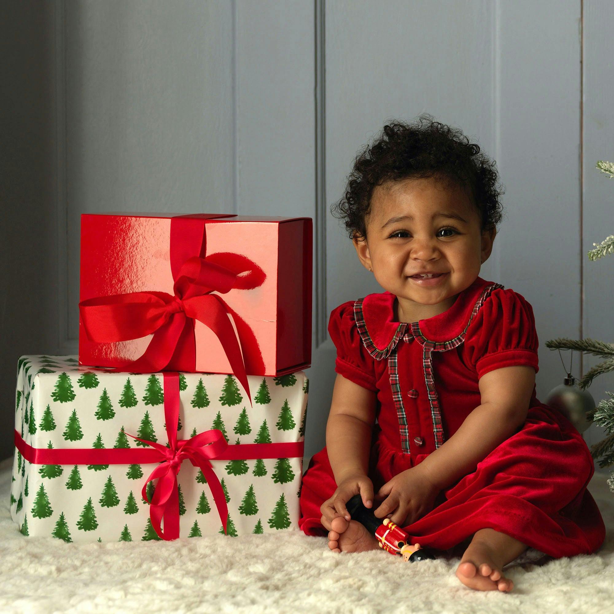 Baby Red Velvet Tartan Trim Dress