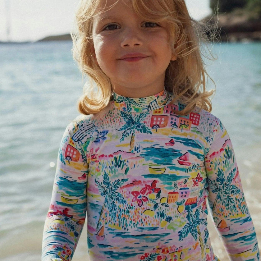 Long-sleeved one-piece swimsuit, aqua | GIGI BABY