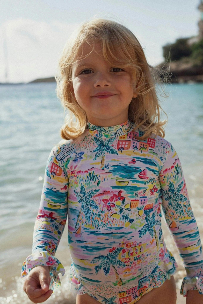 Long-sleeved one-piece swimsuit, aqua | GIGI BABY