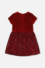 Bi-Material Short Sleeve Dress With Glittering Skirt Red