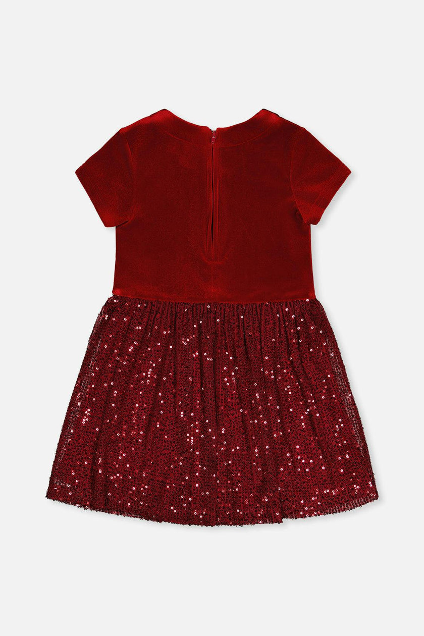 Bi-Material Short Sleeve Dress With Glittering Skirt Red