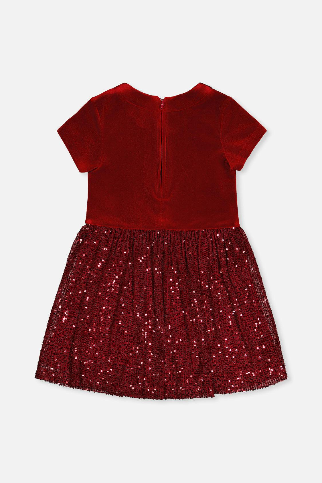 Bi-Material Short Sleeve Dress With Glittering Skirt Red