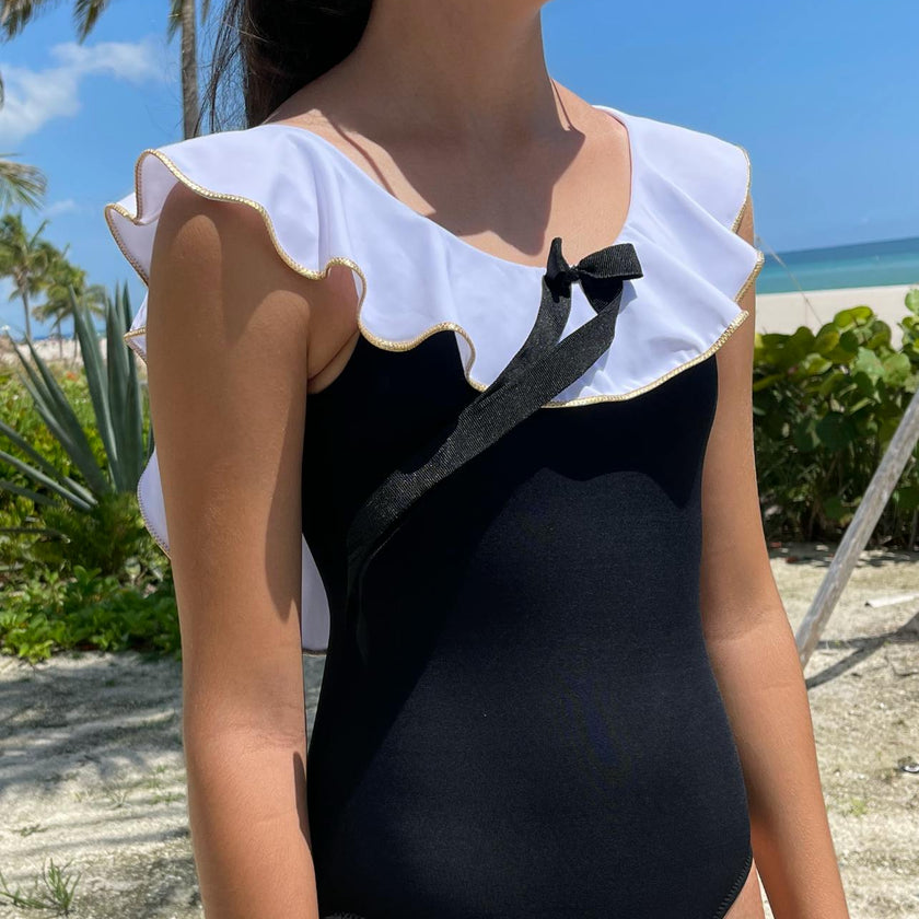 Josie Contrast Ruffle On & Off-Shoulder Bow Swimsuit