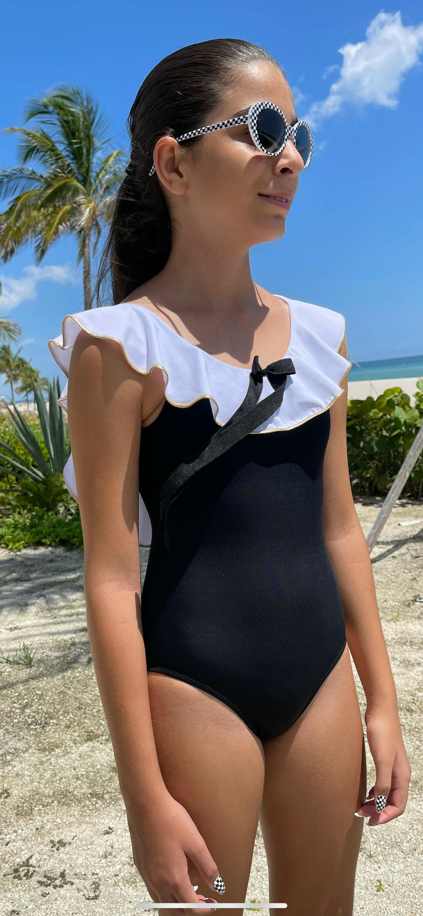 Josie Contrast Ruffle On & Off-Shoulder Bow Swimsuit