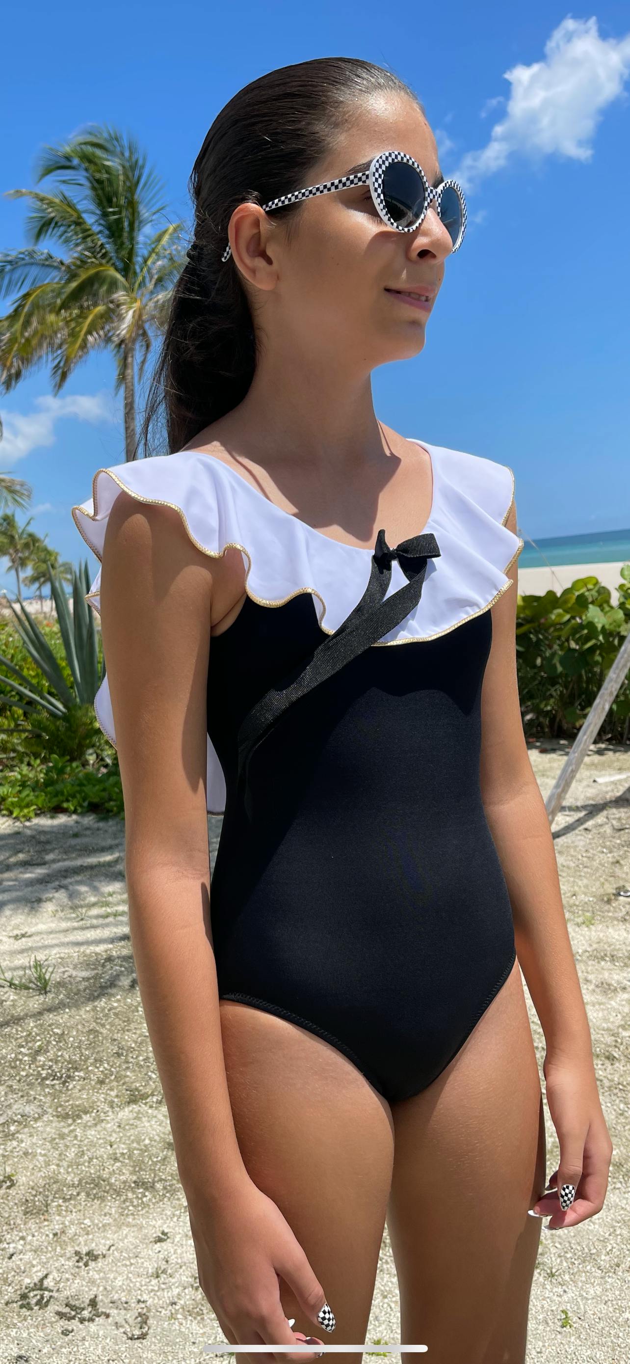 Josie Contrast Ruffle On & Off-Shoulder Bow Swimsuit