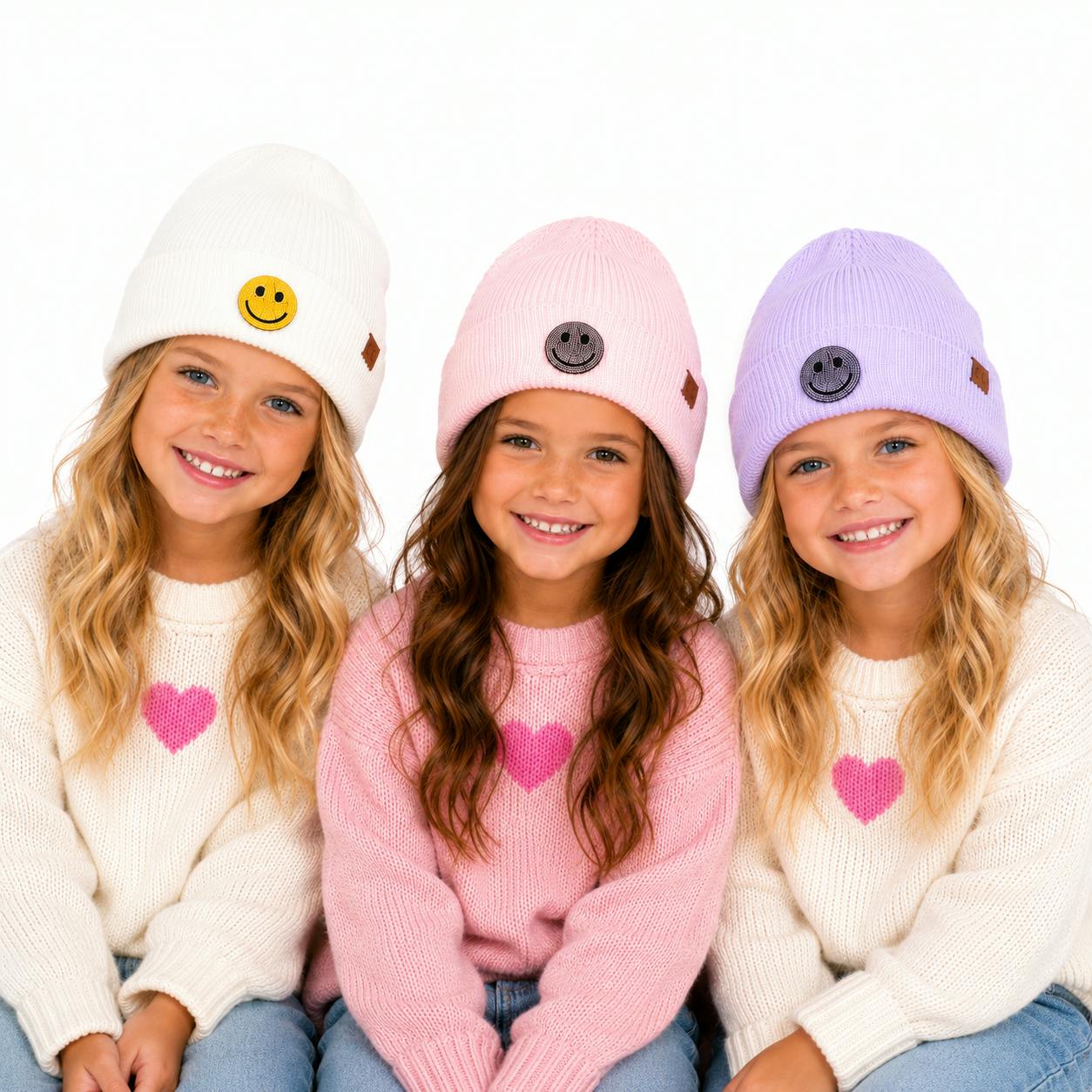 Little Girl's (4-6x) Solid Color Beanie with Rhinestone Happy Face Patch