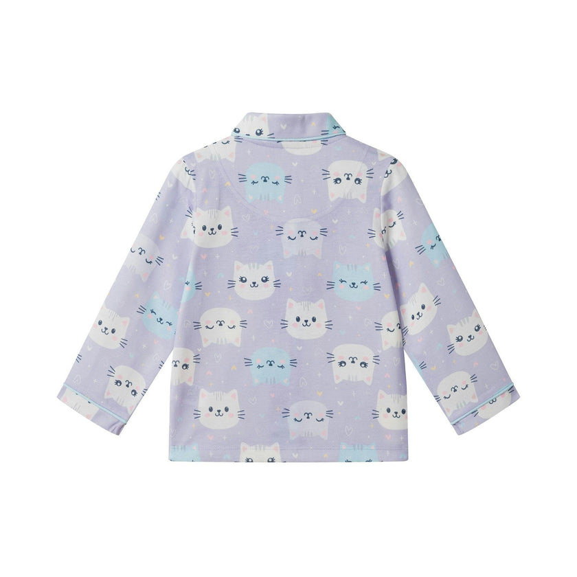 Girls Buttondown Pajama Set | Kitty Cats - Purple