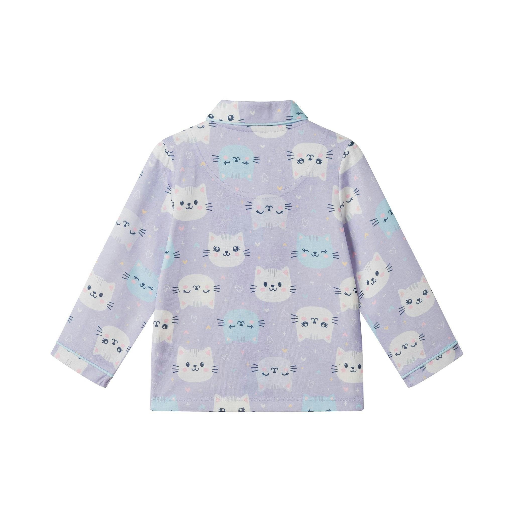 Girls Buttondown Pajama Set | Kitty Cats - Purple