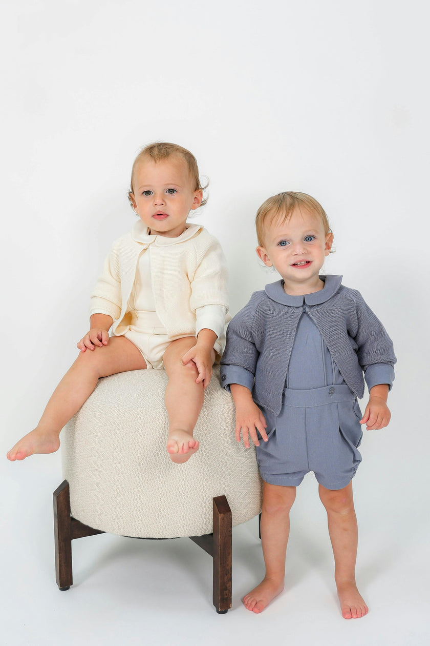 Woolen Button Front Long Sleeve Cardigan, Shirt, and Shorts Three Piece Set