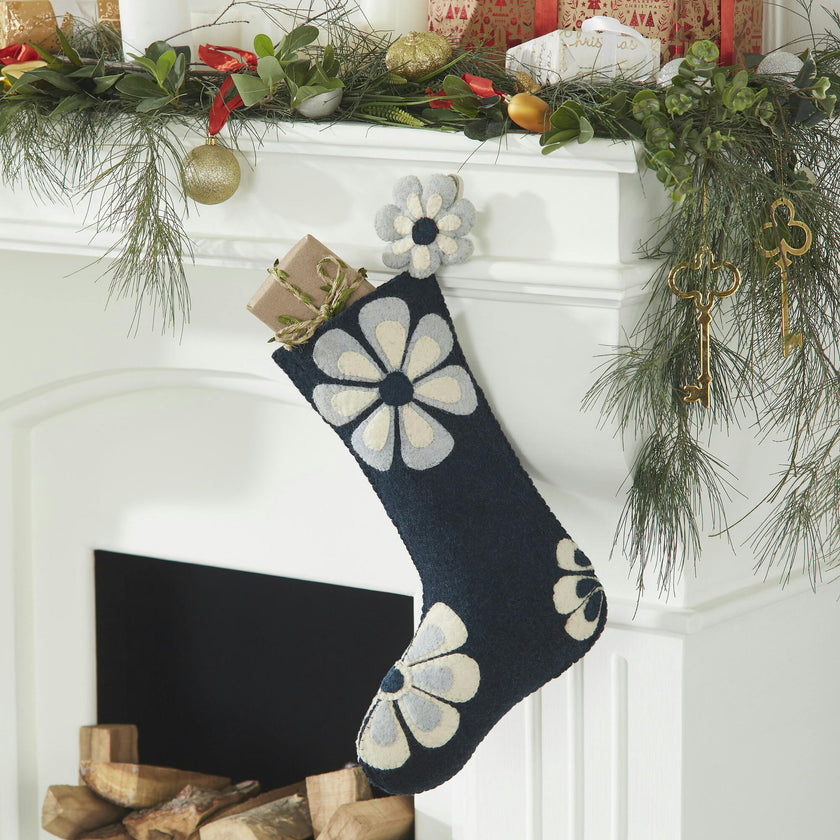 Hand Felted Wool Christmas Stocking - Flower Power Blue
