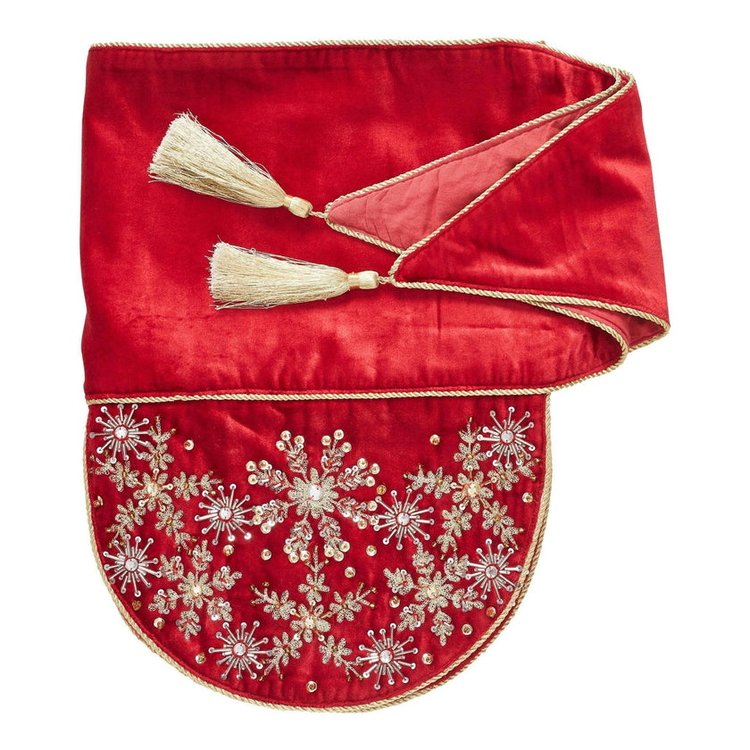 Red Velvet Mantel Scarf Hand Beading and Crewel Embroidery - 72"
