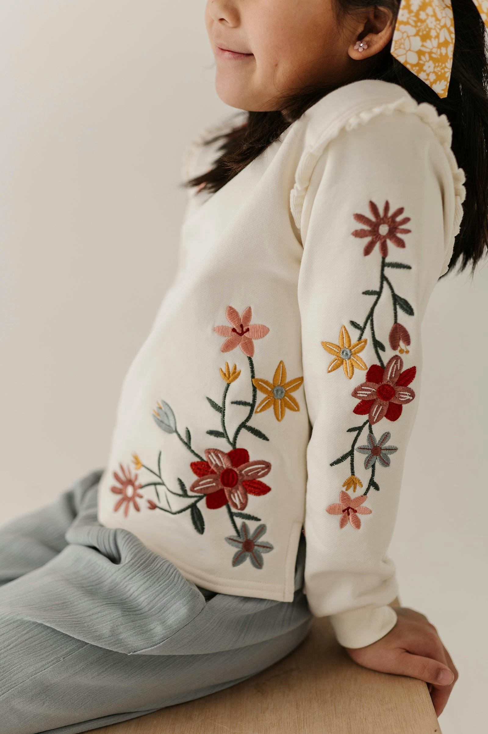 Girls Raw Edge Sweatshirt in Addison Embroidery Floral
