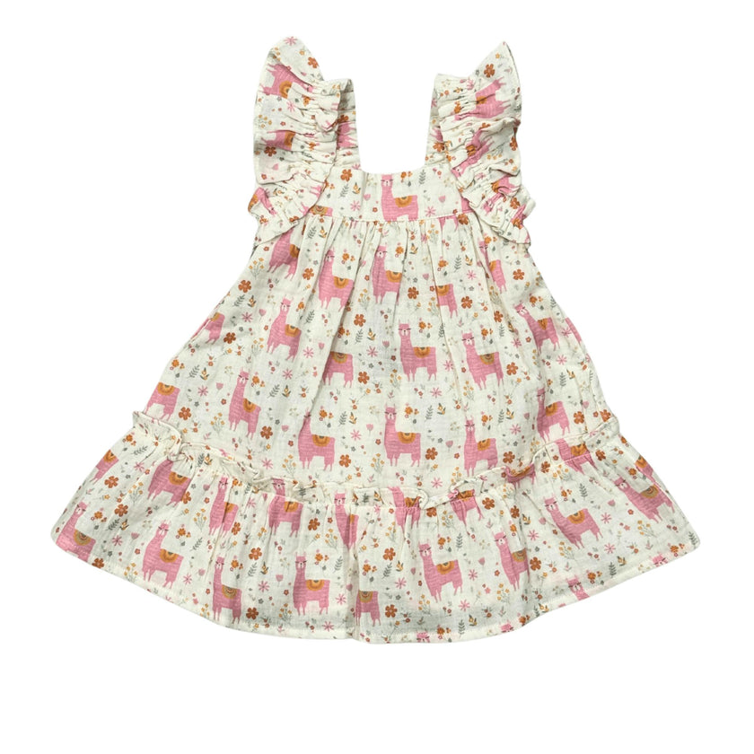 Girls Drop-Waist Peplum Dress in Llamas