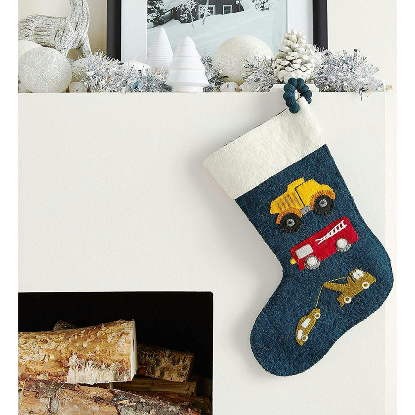 Trucks Navy Christmas Stocking Hand Felted Wool