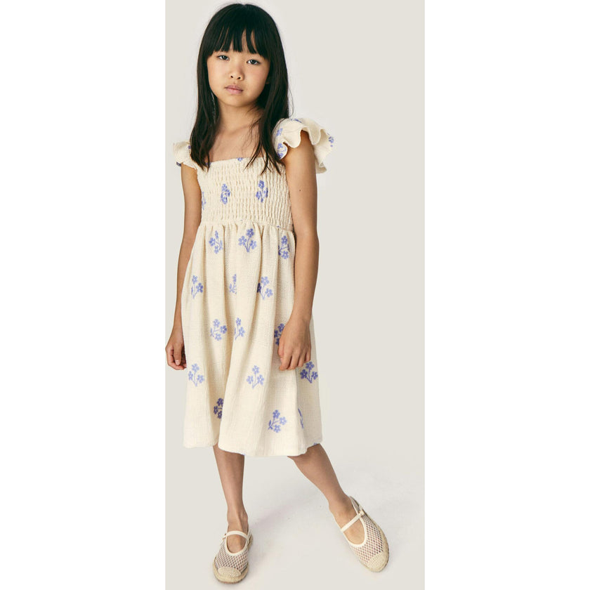 Mipounet SS26 Sandrine Smocked, Dress Ecru Blue