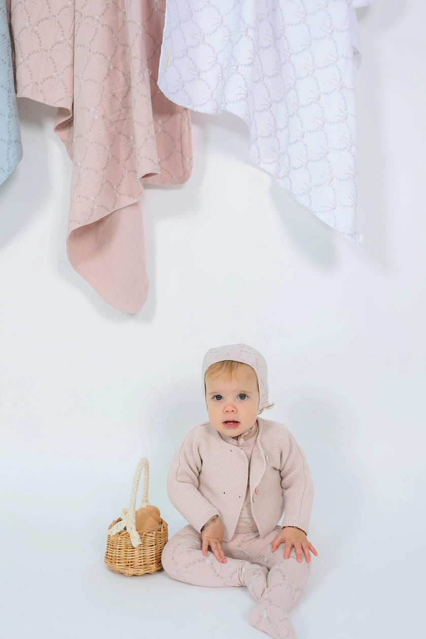 Print Bow Detail Snap Front Romper and Hat Two Piece Set