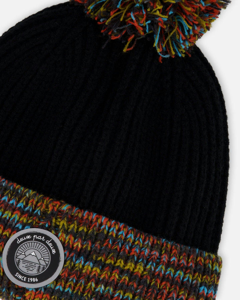 Lined Knit Winter Hat With Pompom Black And Multicolor