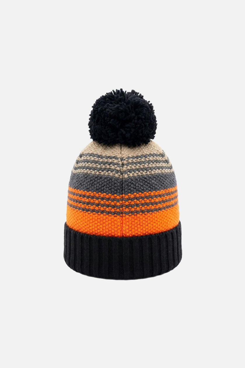 Winter Knit Hat with Pompom Grey and Orange Stripes