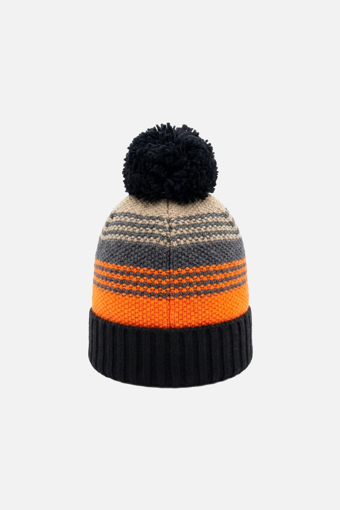 Winter Knit Hat with Pompom Grey and Orange Stripes