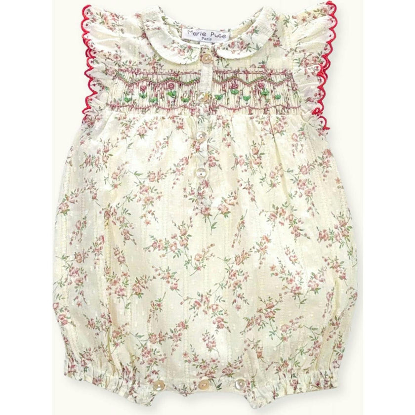 Romper AGATA Hand-Smocked Plumetis Roses Bouquet, Florals