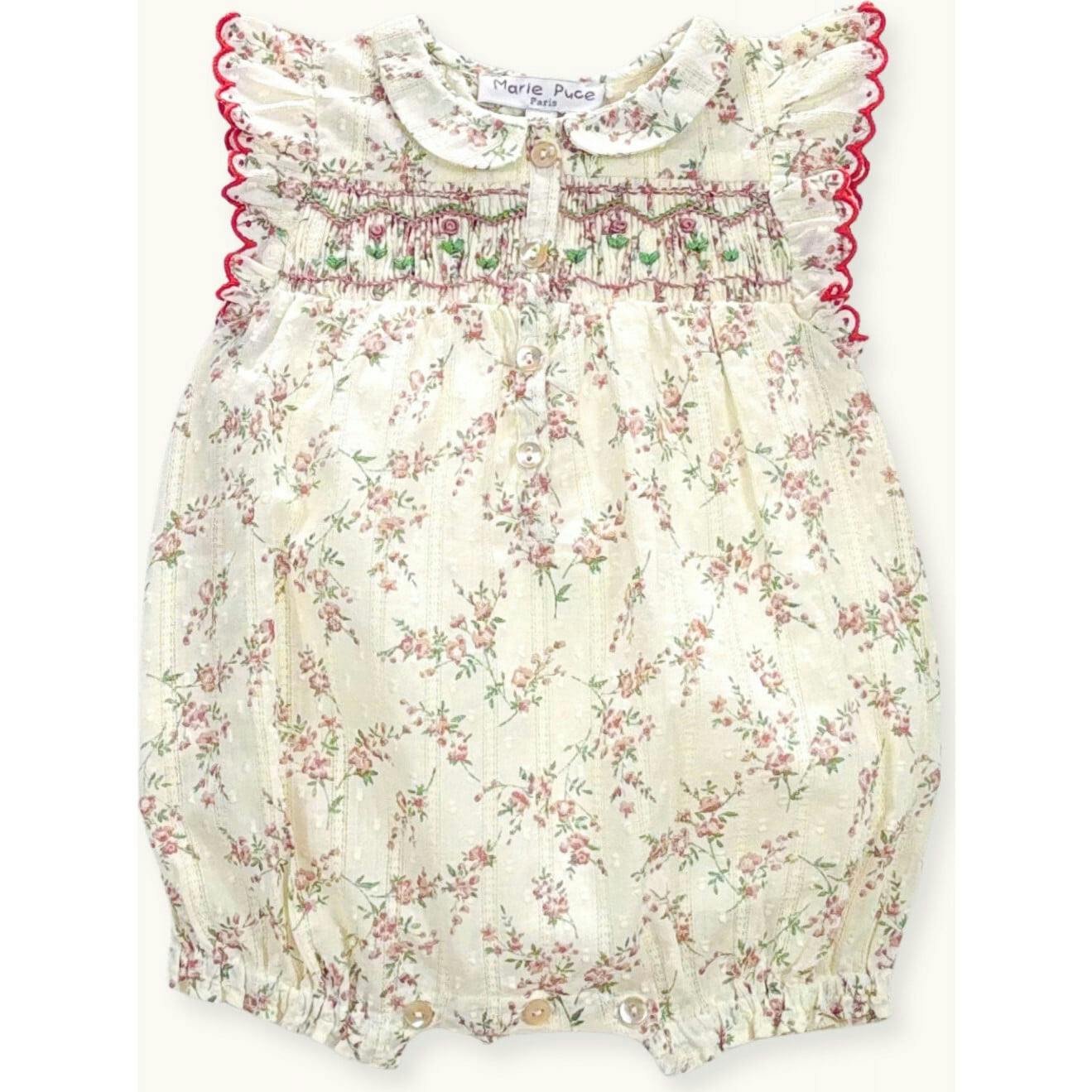 Romper AGATA Hand-Smocked Plumetis Roses Bouquet, Florals